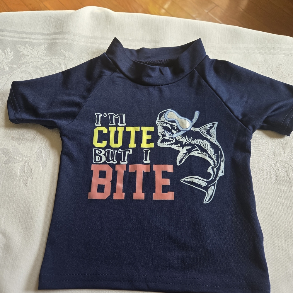 Kids Navy 'I'm Cute But I Bite' Swim Trunks Rash Guard